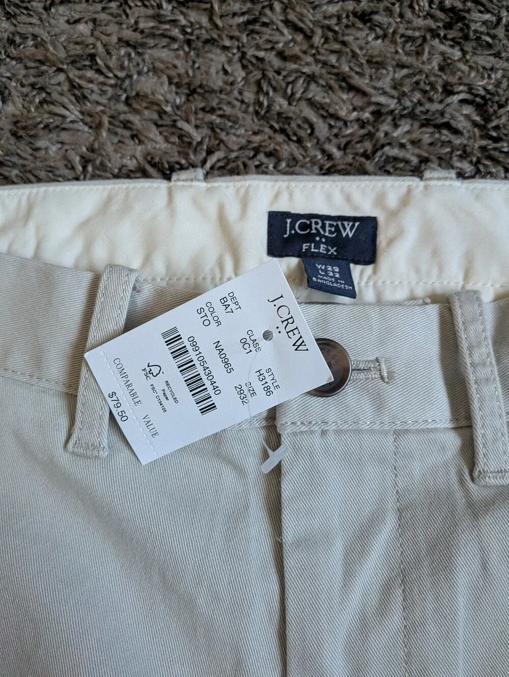 NWT J.Crew Stone Beige Cotton Straight Leg Flex Chino Pants Men's 29W 32L